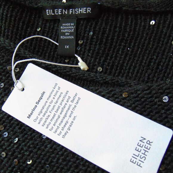 Eileen Fisher NWT Merino Wool Charcoal Gray Sequin Sweater 1X - Picture 11 of 12